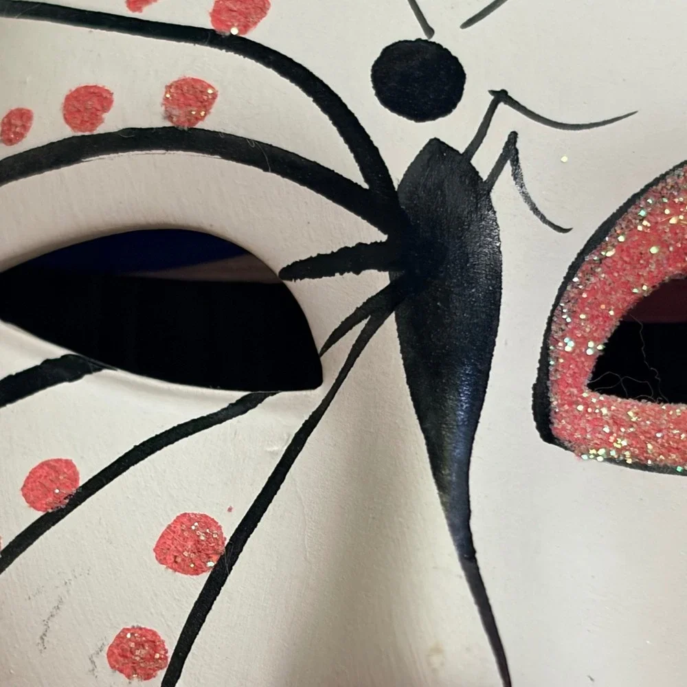 Vintage Ceramic Butterfly Masquerade Mask Hand Painted Glitter Ribbon Wall Decor